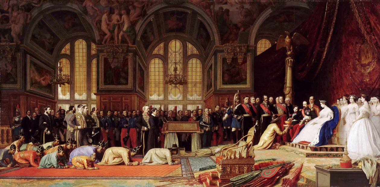 Przyjęcie ambasadorów Syjamu przez Napoleona III w Pałacu Fontainebleau 27 czerwca 1861 r. autorstwa Jean Leon Gerome