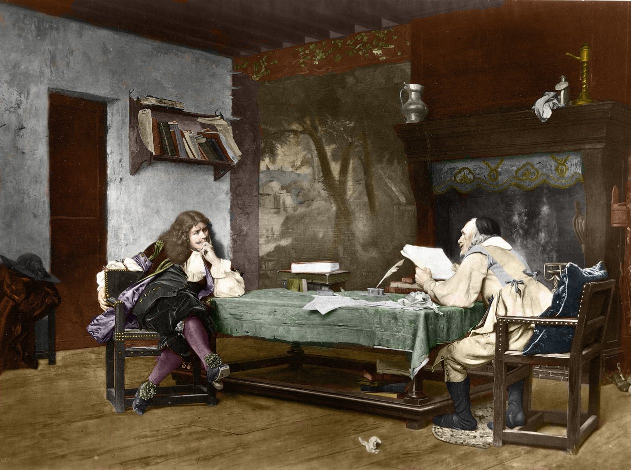 Autorzy Jean-Baptiste (Jean Baptiste) Poquelin dit Moliere (1622-1673) i Pierre Corneille (1606-1684). XIX w. (litografia po obrazie Jean-Leona (Jean Leon) Gerome) autorstwa Jean Leon Gerome