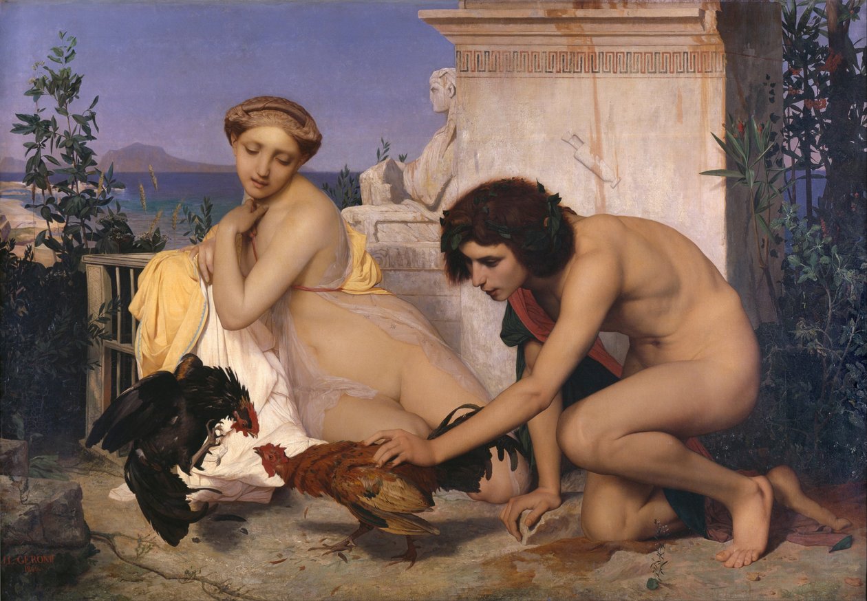 Młodzi Grecy uczestniczący w walce kogutów w walce kogutów, 1846 autorstwa Jean Leon Gerome