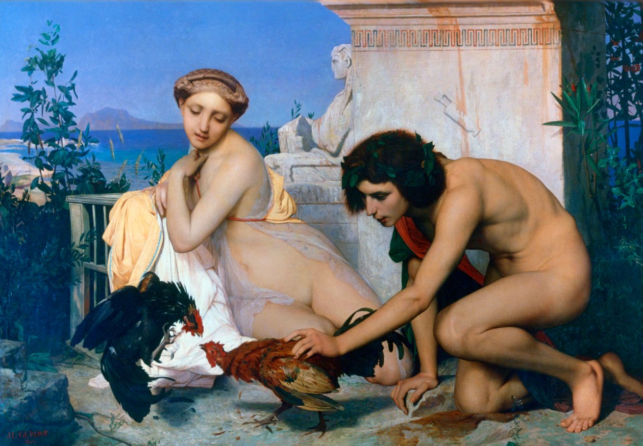 Młodzi Grecy zachęcają koguty do walki, 1846 autorstwa Jean Leon Gerome