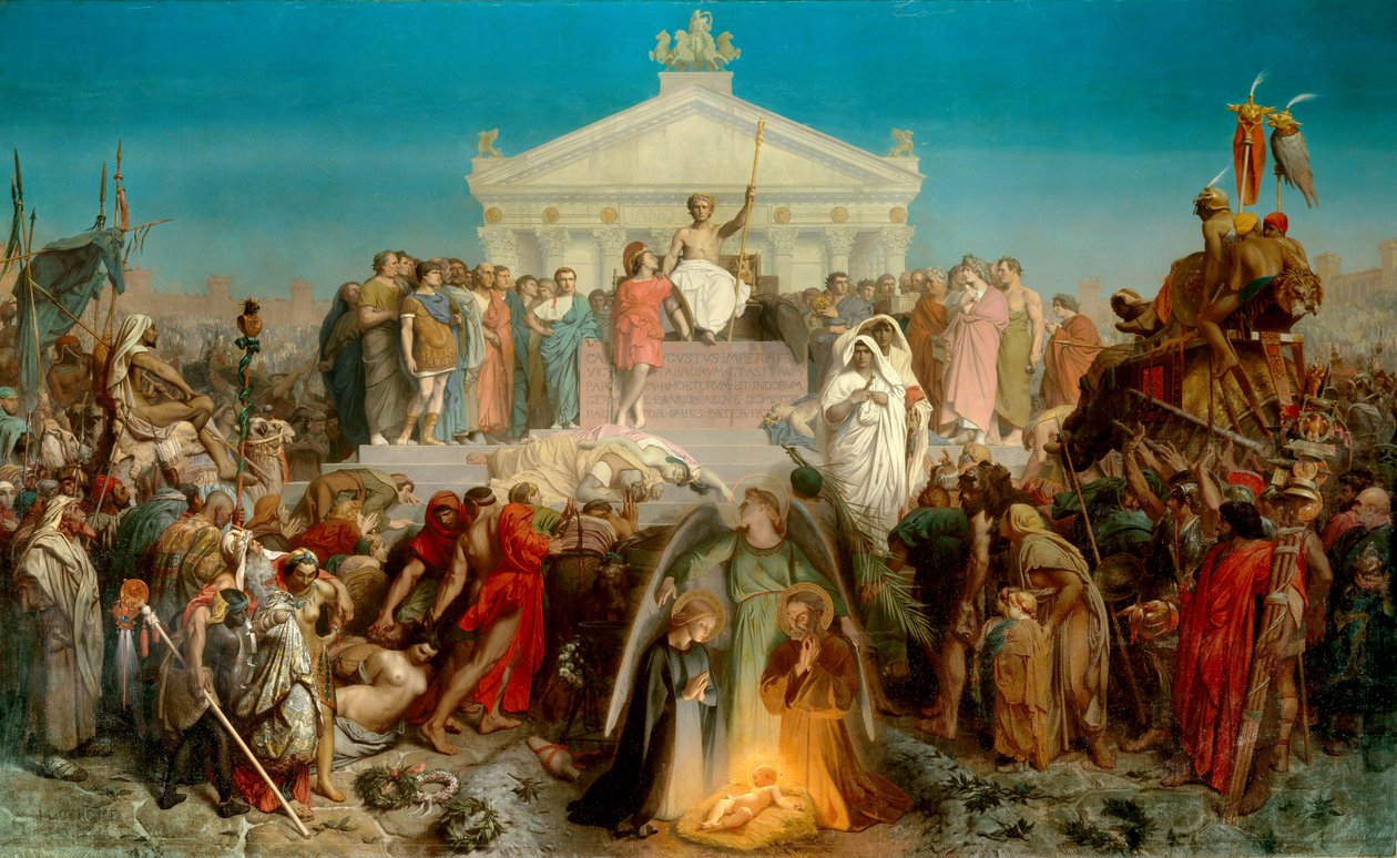 wiek sierpnia: narodziny naszego Pana Jezusa Chrystusa. Triumf Augusta (Oktawian lub Oktawian, 63 pne-14 AD JC), cesarza rzymskiego. Ilustracja do pracy „Histoire universelle 9eme epoque” Jacquesa Benigne Bossueta (1627-1704). Obraz Jean Leon Gerome autorstwa Jean Leon Gerome