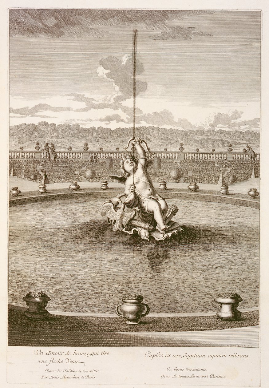 Fontanna z kupidynem wystrzeliwującym strzałę z strumienia wody, zaprojektowana przez Louisa Leramberta w Wersalu, 1677 autorstwa Jean Lepautre