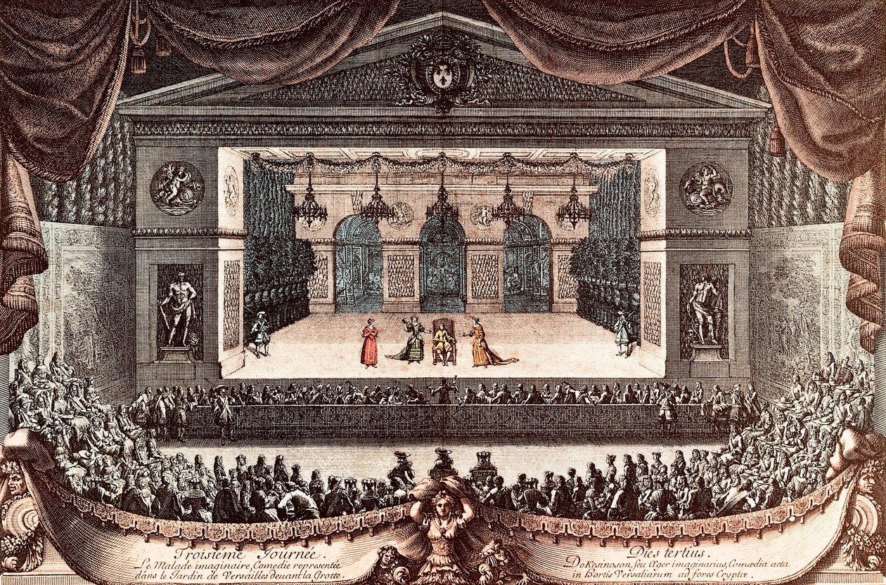 „Le malade imaginaire” (Imaginary Invalid) – Jean Baptiste Poquelin dit Moliere w Wersalu (kolorowy grawerunek) autorstwa Jean Lepautre
