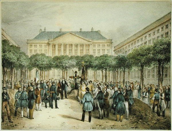 Pogrzeb rewolucjonistów na Place des Martyres de la Liberte, Bruksela, 2 października 1830 r., rycina A.M. Jobard (fl.1820-20) (kolor lito) autorstwa Jean Louis (after) Van Hemelryck