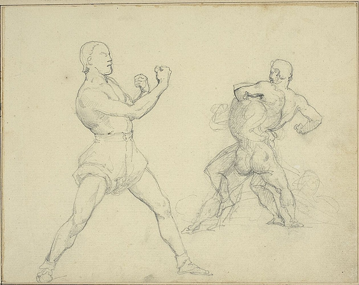 Bokser zwrócony w prawo i dwóch siłujących się mężczyzn autorstwa Jean Louis André Théodore Géricault