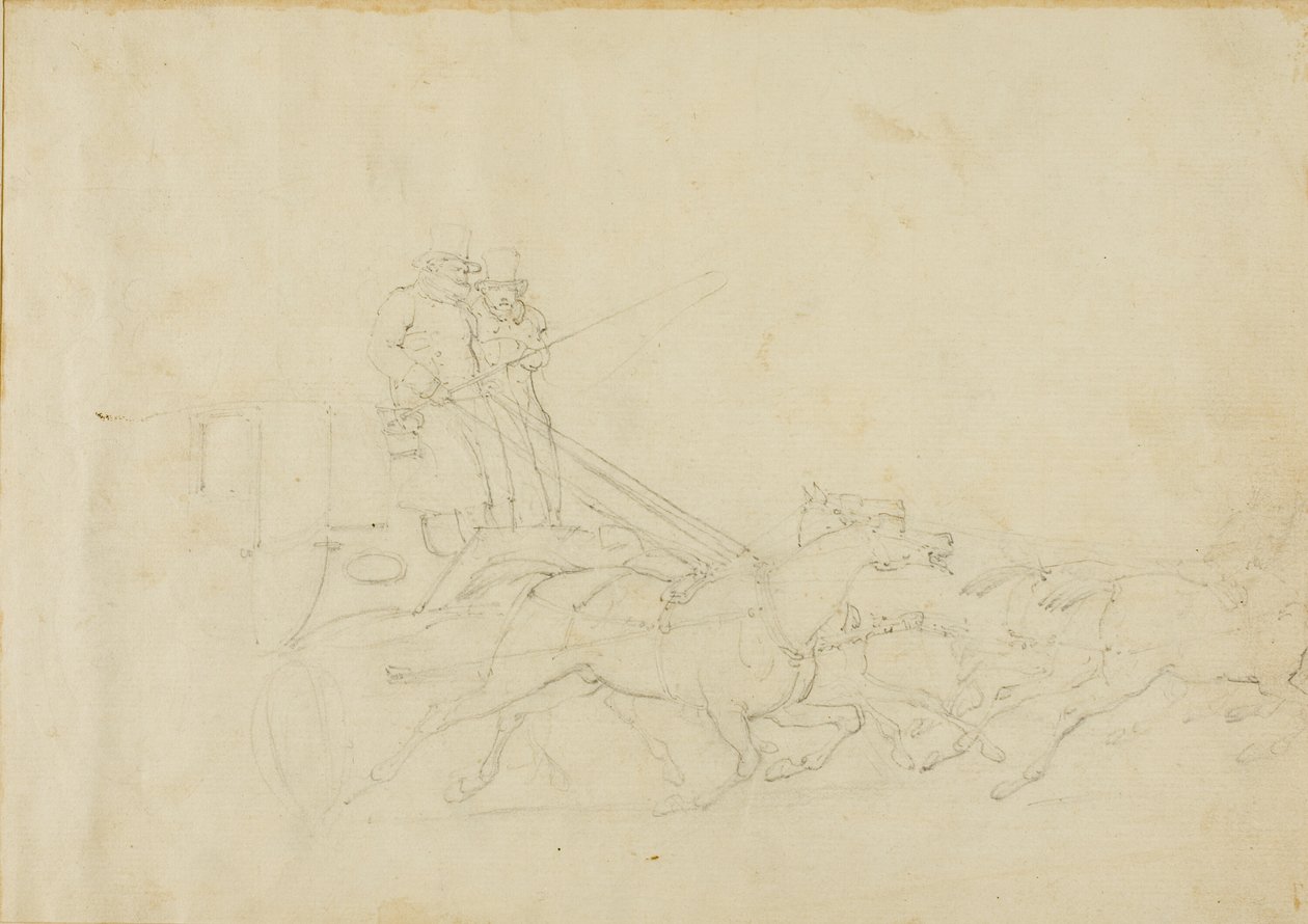 Powóz ciągnięty przez cztery galopujące konie autorstwa Jean Louis André Théodore Géricault