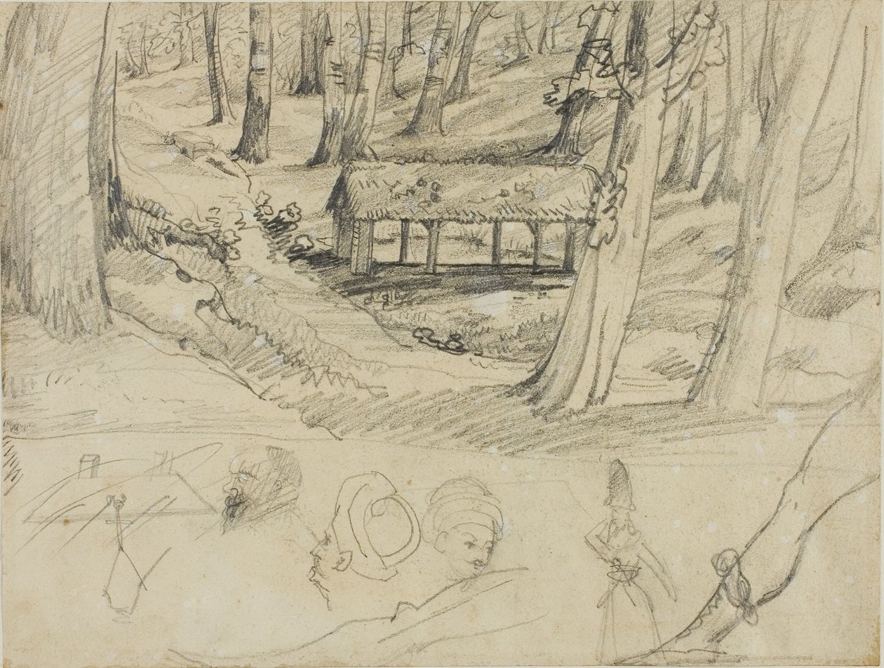 Wnętrze lasu z chatą krytą strzechą i inne szkice autorstwa Jean Louis André Théodore Géricault
