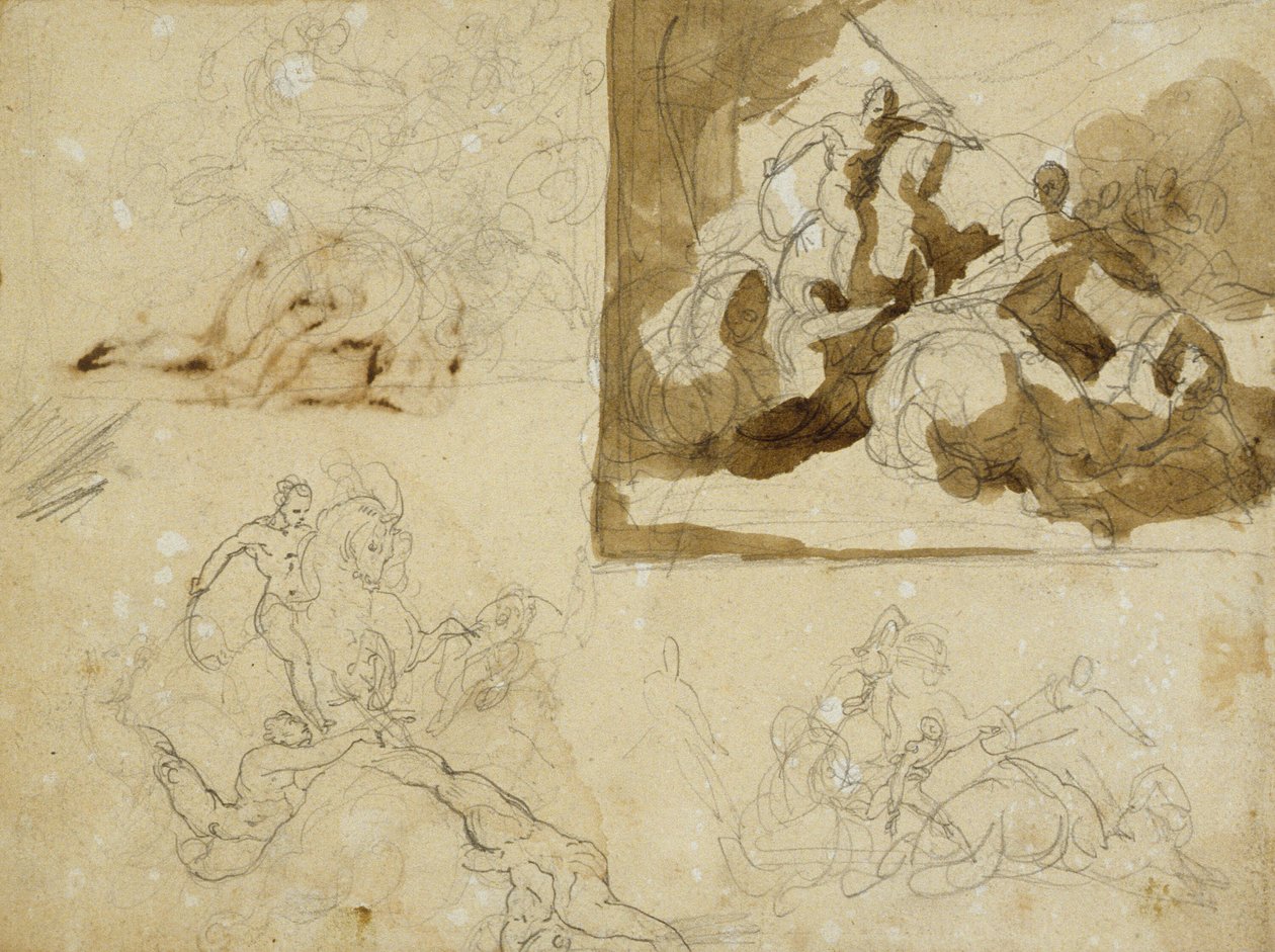 Cztery szkice bitwy kawaleryjskiej autorstwa Jean Louis André Théodore Géricault