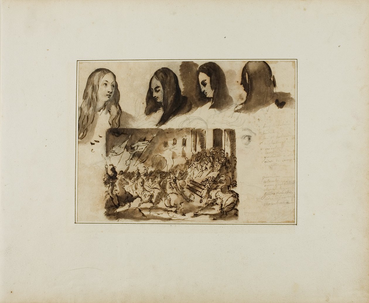 Cztery widoki głowy kobiety; parada przed Ludwikiem XVIII autorstwa Jean Louis André Théodore Géricault