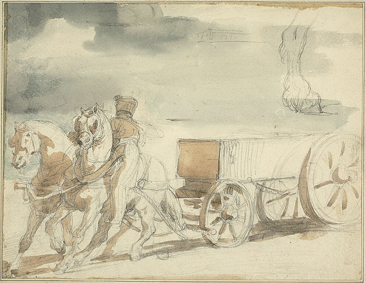 Wóz z amunicją ciągnięty przez dwa konie autorstwa Jean Louis André Théodore Géricault