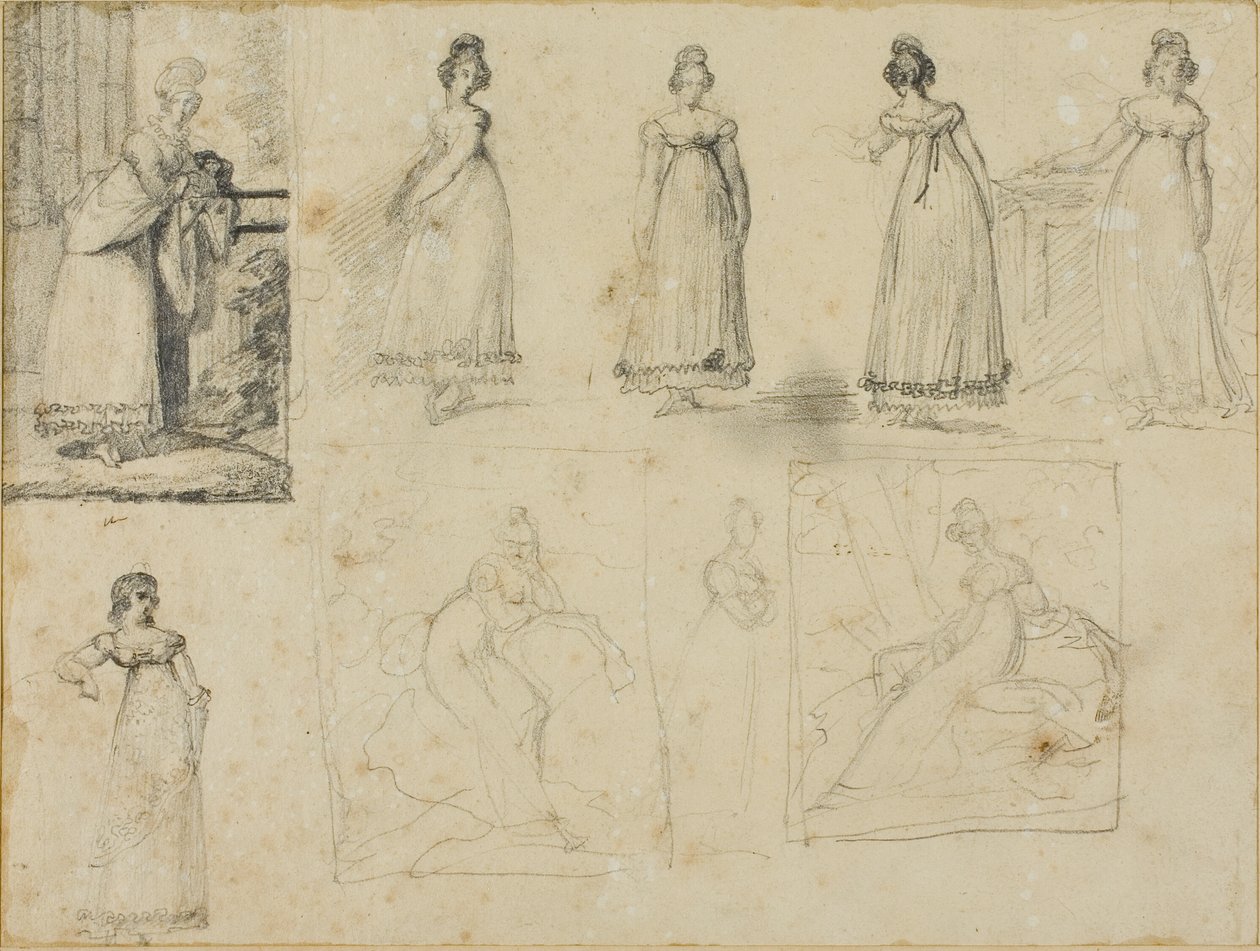 Dziewięć szkiców młodej kobiety w modnej sukience autorstwa Jean Louis André Théodore Géricault