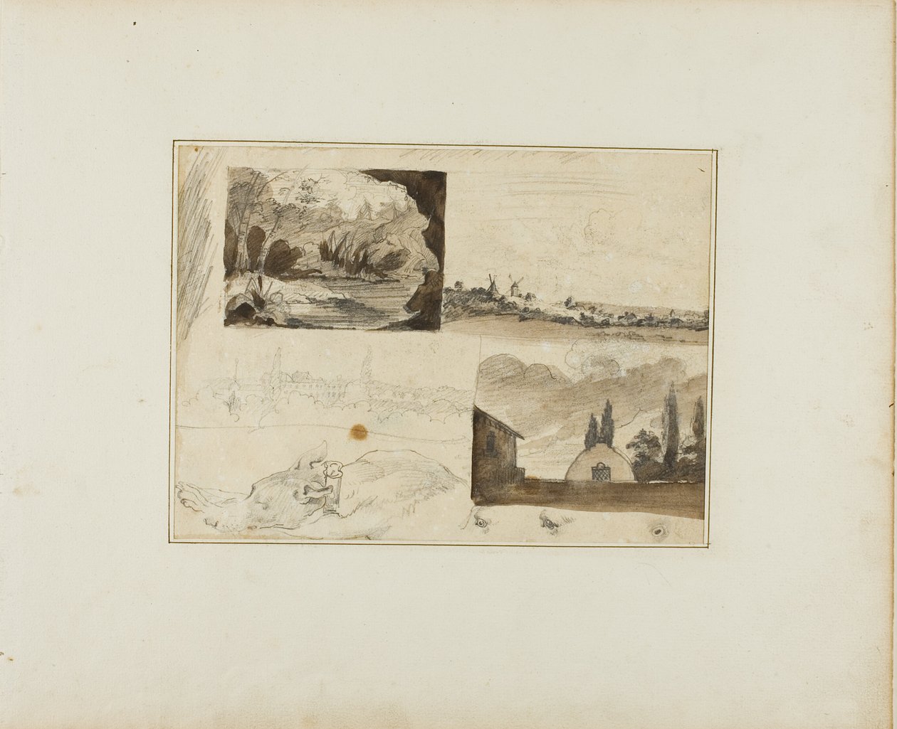 Arkusz szkiców: Cztery krajobrazy i chart autorstwa Jean Louis André Théodore Géricault