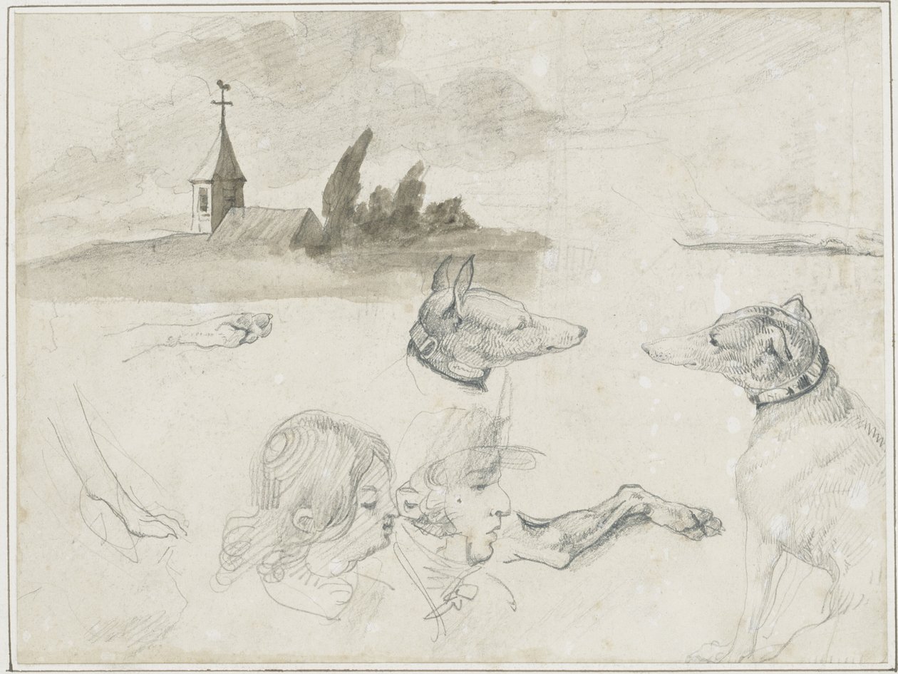 Arkusz szkiców: Greyhoundy; Głowa mężczyzny i kobiety w autorstwa Jean Louis André Théodore Géricault