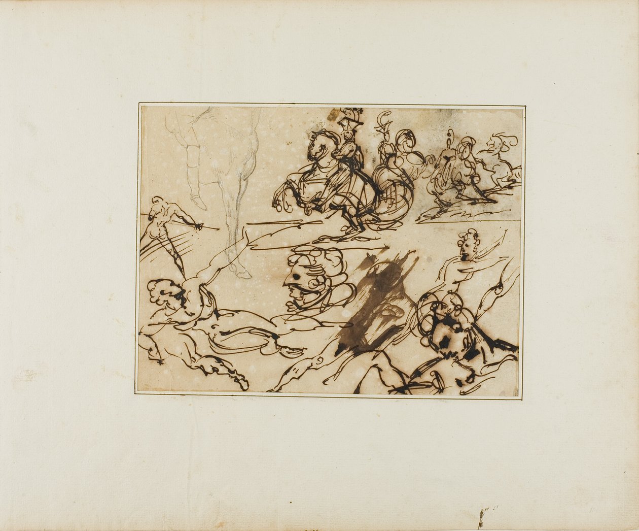 Arkusz szkiców: Ułani, zmagające się akty, inne tematy autorstwa Jean Louis André Théodore Géricault