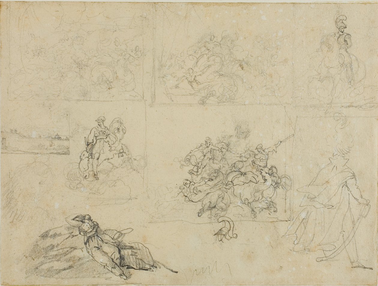 Szkice bitwy kawalerii, żołnierzy i krajobrazu autorstwa Jean Louis André Théodore Géricault