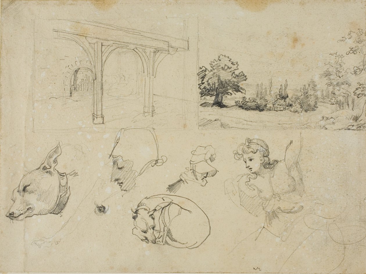 Szkice szopy, krajobrazu, psów i różnych postaci autorstwa Jean Louis André Théodore Géricault