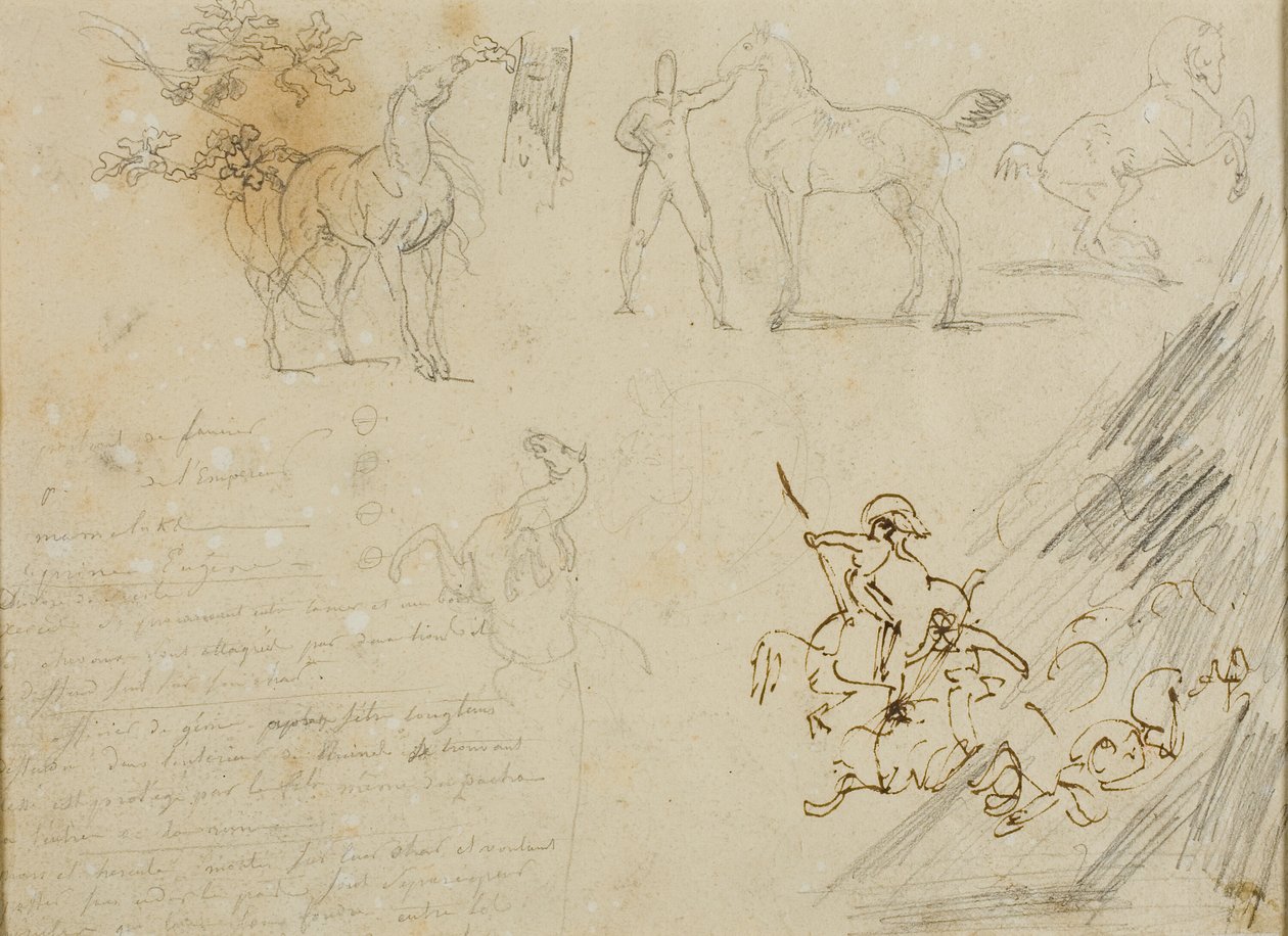 Szkice koni, stajenny trzymający konia, bitwa kawalerii autorstwa Jean Louis André Théodore Géricault