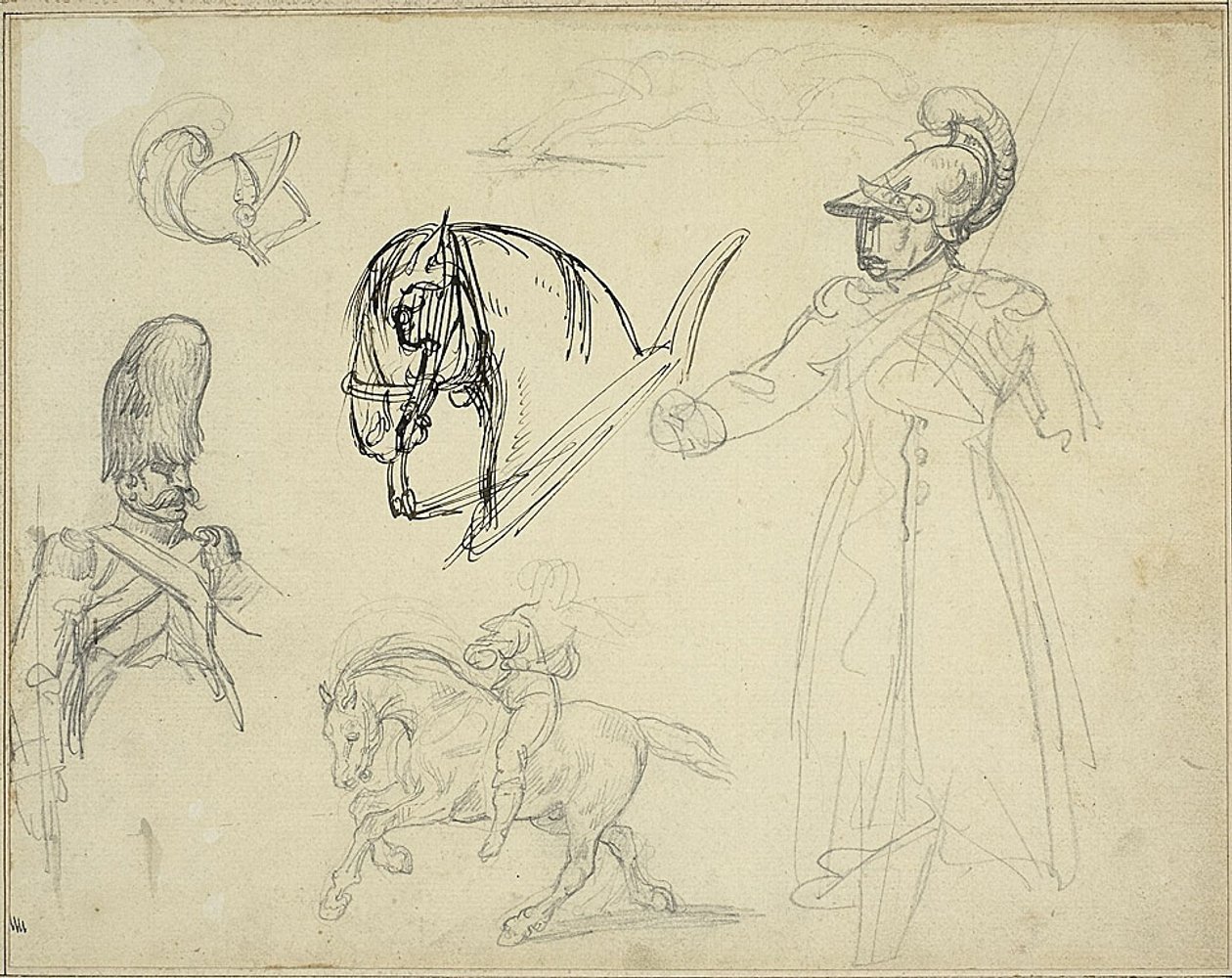 Szkice koni i żołnierzy autorstwa Jean Louis André Théodore Géricault