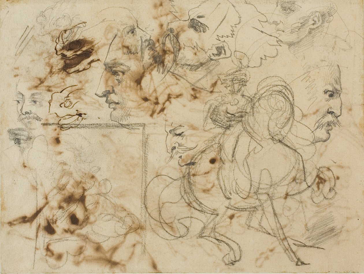 Szkice męskich twarzy, końskich pysków i konnych żołnierzy autorstwa Jean Louis André Théodore Géricault
