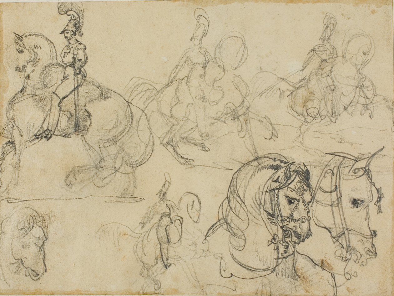 Szkice karabinierów konnych i głowy koni autorstwa Jean Louis André Théodore Géricault