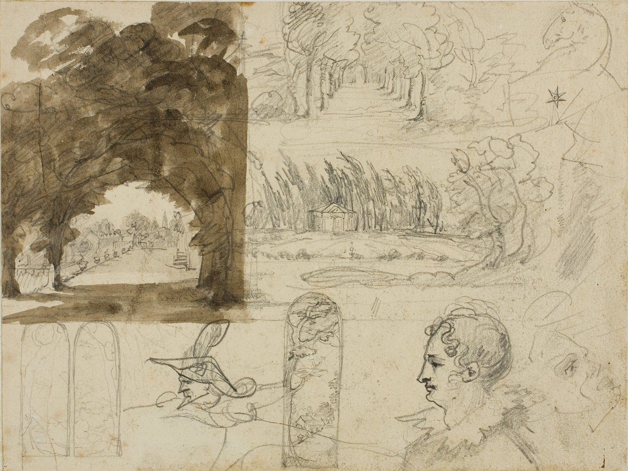 Szkice widoków parku, głowy, koń autorstwa Jean Louis André Théodore Géricault