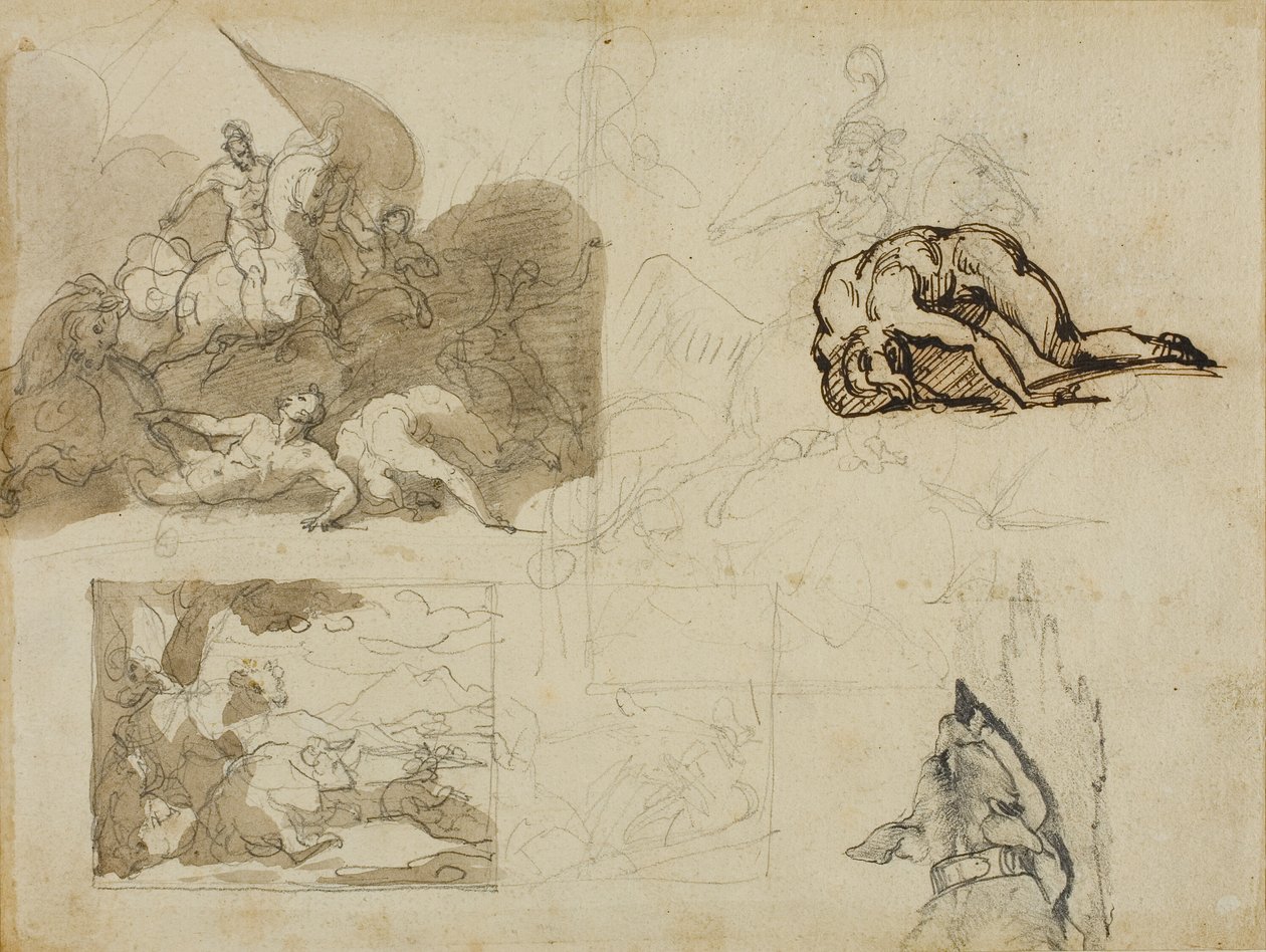Szkice bitwy kawalerii, krajobraz z krowami i inne kompozycje autorstwa Jean Louis André Théodore Géricault