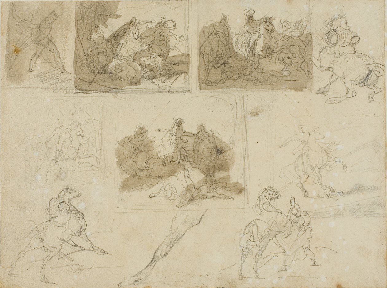 Szkice bitwy kawaleryjskiej i studia nad koniem pociągowym autorstwa Jean Louis André Théodore Géricault