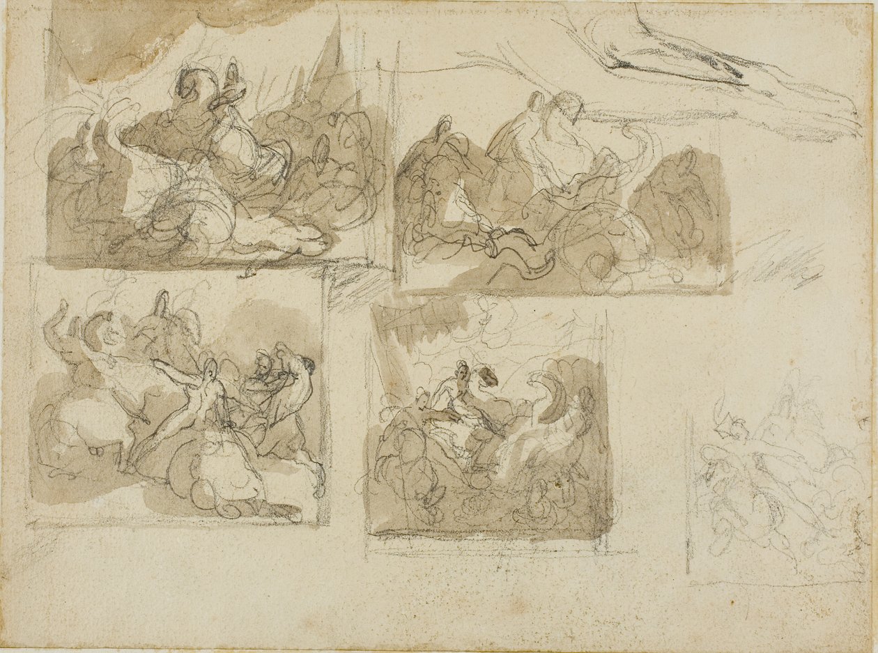 Szkice bitwy kawaleryjskiej i przednie łapy psa autorstwa Jean Louis André Théodore Géricault