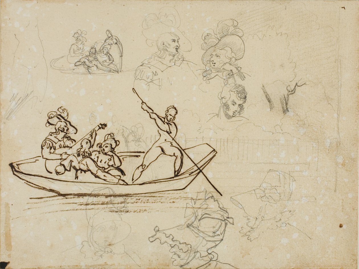 Szkice muzycznej imprezy na łodzi i kobiety w wysokim kapeluszu autorstwa Jean Louis André Théodore Géricault