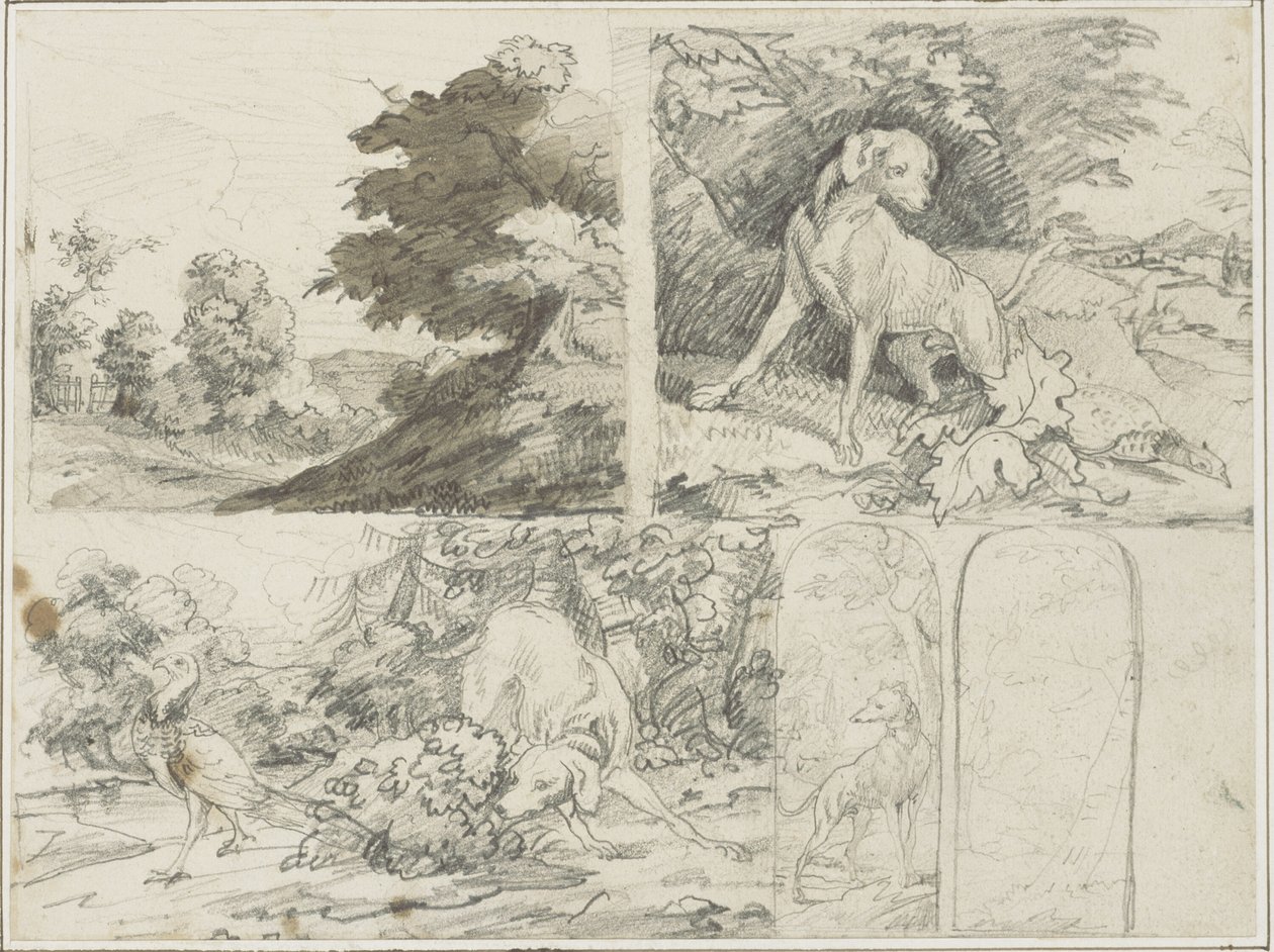 Szkice zalesionego terenu, psy i bażanty w krajobrazie autorstwa Jean Louis André Théodore Géricault