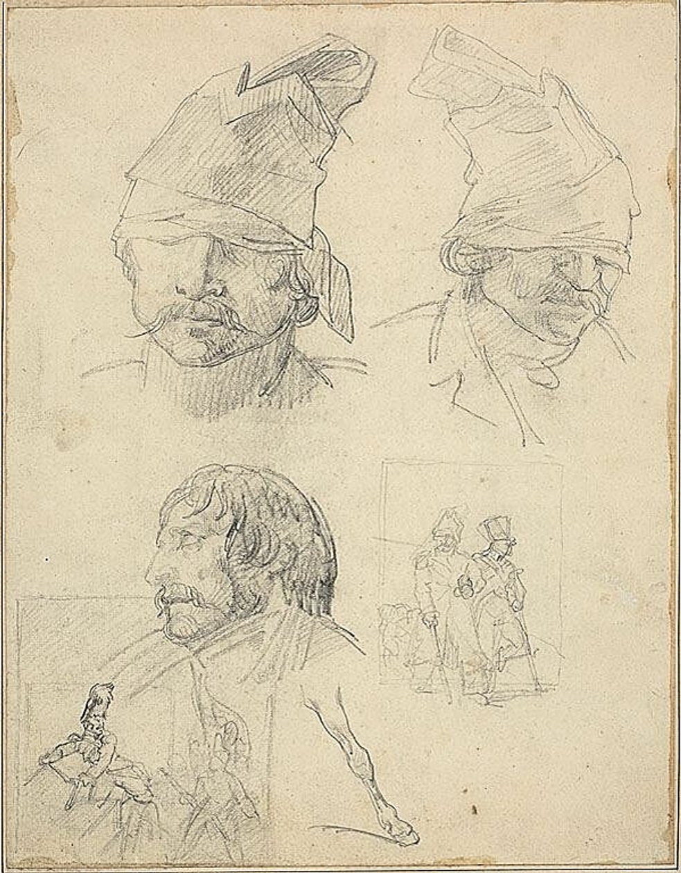 Studia głów i dwa studia kompozycji autorstwa Jean Louis André Théodore Géricault