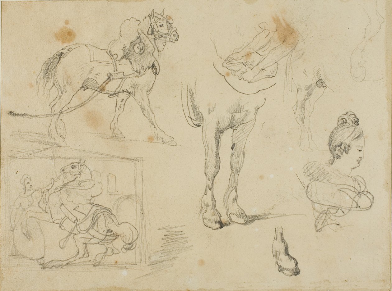 Studium konia pociągowego, kowala i młodej kobiety autorstwa Jean Louis André Théodore Géricault