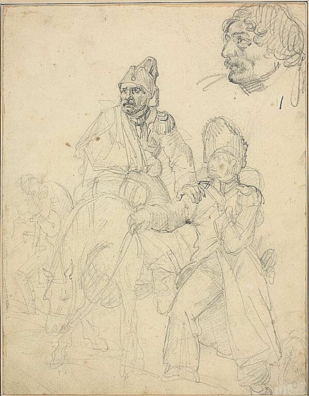 Studium grupy postaci z detalem głowy grenadiera autorstwa Jean Louis André Théodore Géricault