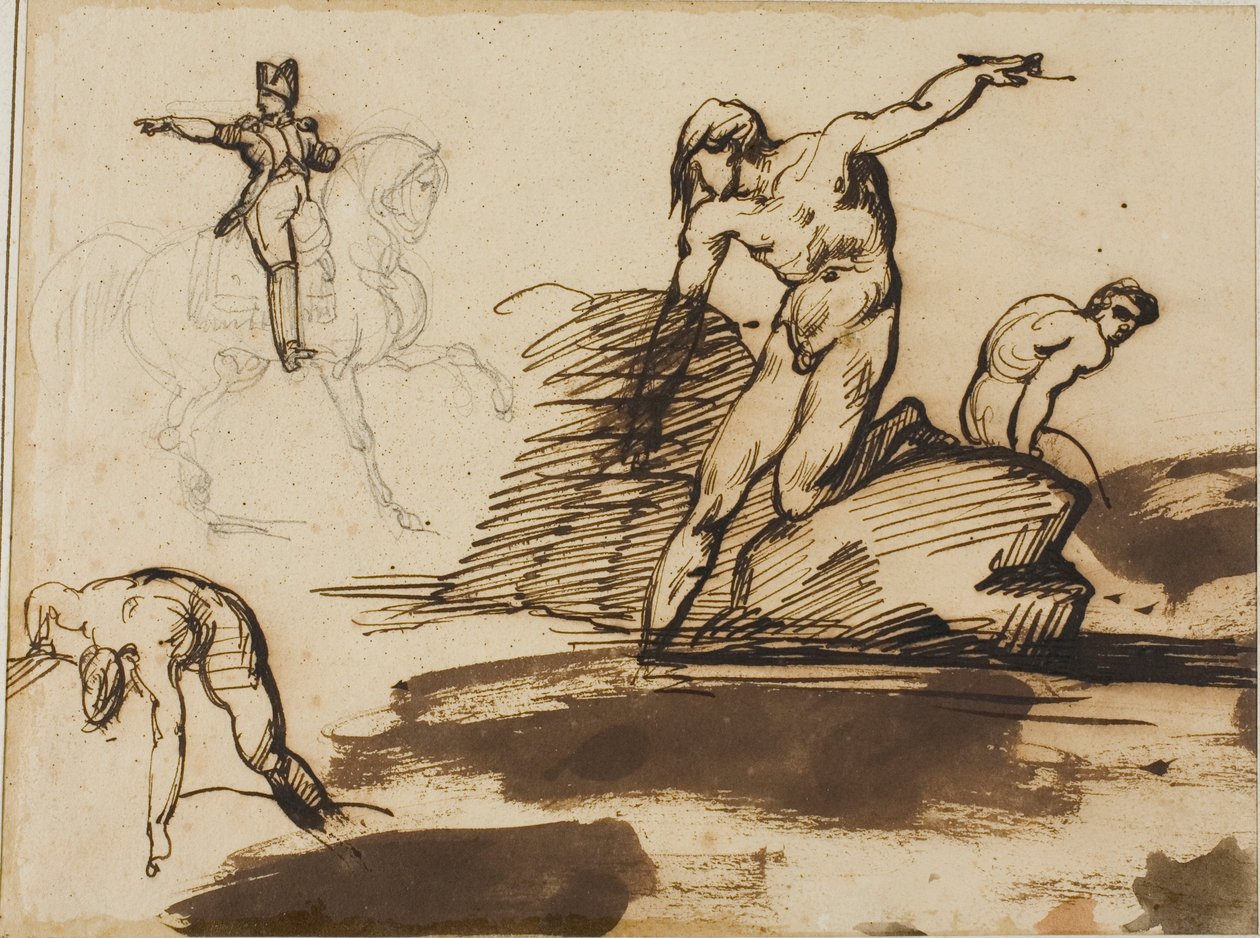 Studium Napoleona na koniu ze szkicami aktów wśród skał autorstwa Jean Louis André Théodore Géricault