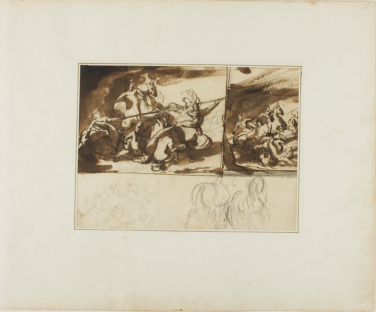 Trzy szkice bitwy jeździeckiej i szkic dwóch bitew jeździeckich autorstwa Jean Louis André Théodore Géricault