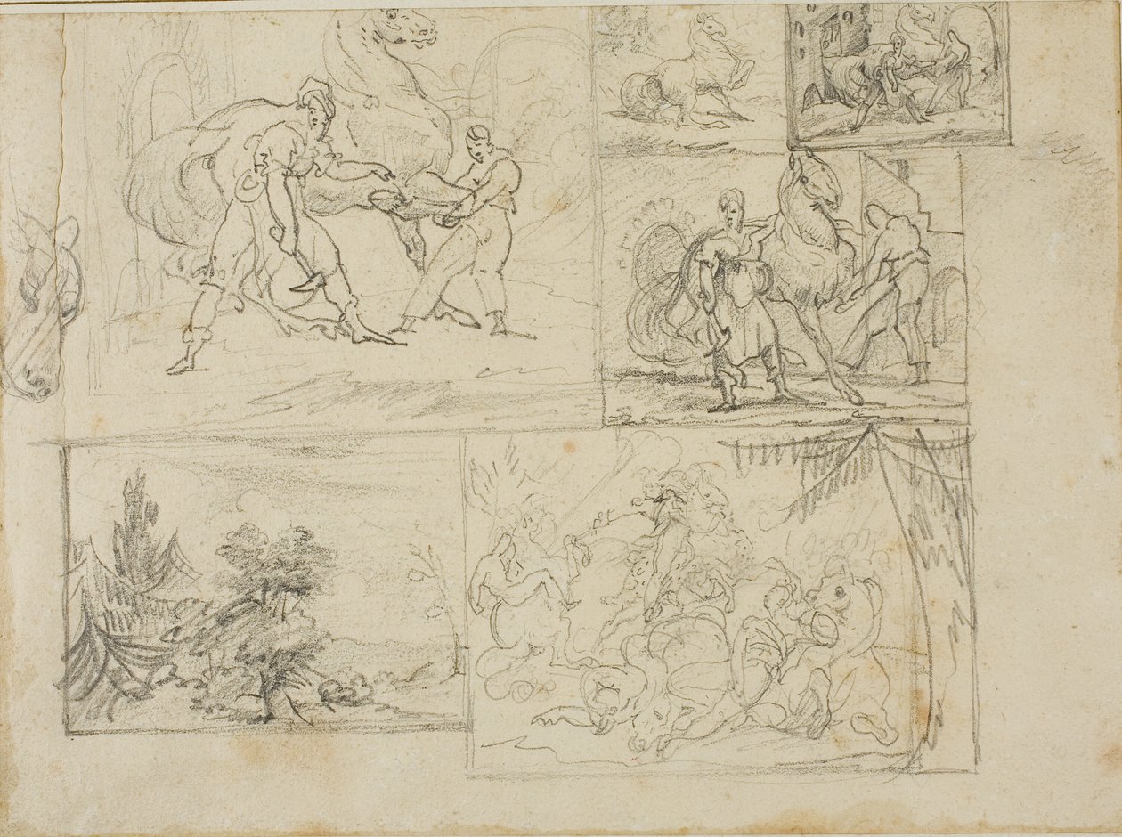 Trzy studia ze szkicami zalesionego krajobrazu i bitwy kawalerii autorstwa Jean Louis André Théodore Géricault