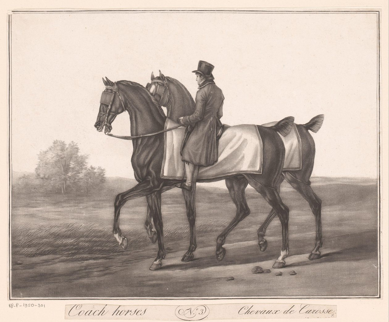 Jeździec towarzyszy dwóm koniom Chevaux de Carosse (tytuł na obiekcie) autorstwa Jean Louis Darcis (attributed to)