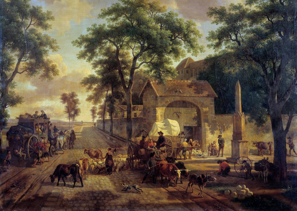 Droga krajobrazowa z wozem chłopów, stad i pasterzy. Obraz Jean Louis Demarne (1744-1829) XIX wiek. Ciemny. 0,5x0,61m. autorstwa Jean Louis Demarne