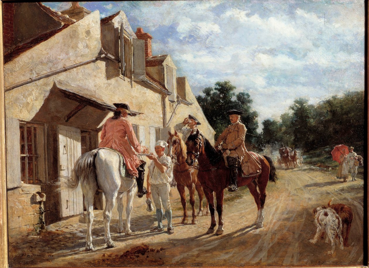 Au Tourne-bride, znana również jako Tournebride i Boys of Saint-Germain Horsemen, odpoczywająca w sztafecie w lesie Saint Germain i Laye. Obraz Jean-Louis-Ernest Meissonier (1815-1891) 1860. Słońce 0,17x0,23 m Paryż, Musée d