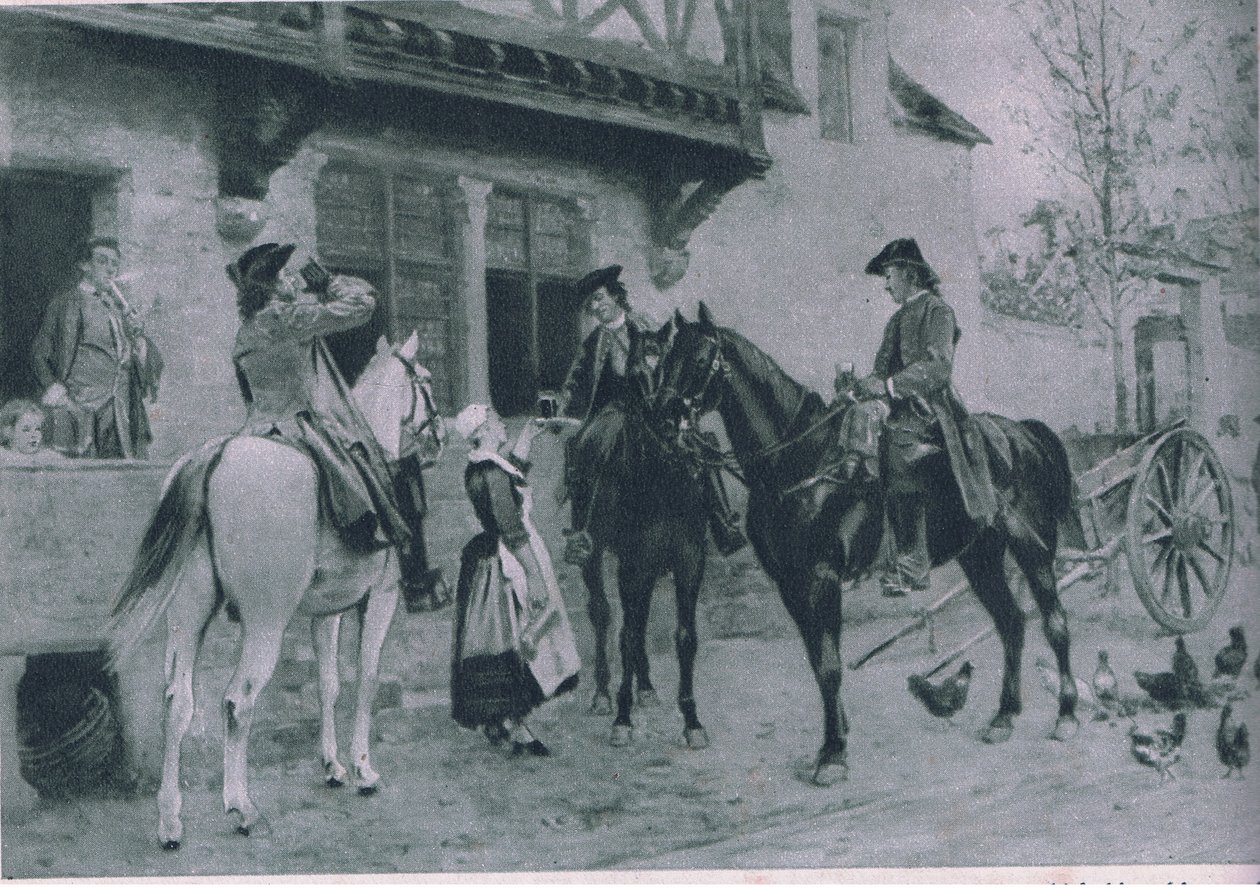 Zatrzymanie się w gospodzie, ilustracja z filmu Cassells Romance of Famous Lives, ok. 1940 r. autorstwa Jean Louis Ernest Meissonier