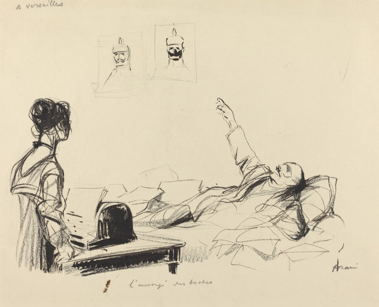W Wersalu. Wysłannik Boches, c. 19141919. autorstwa Jean Louis Forain