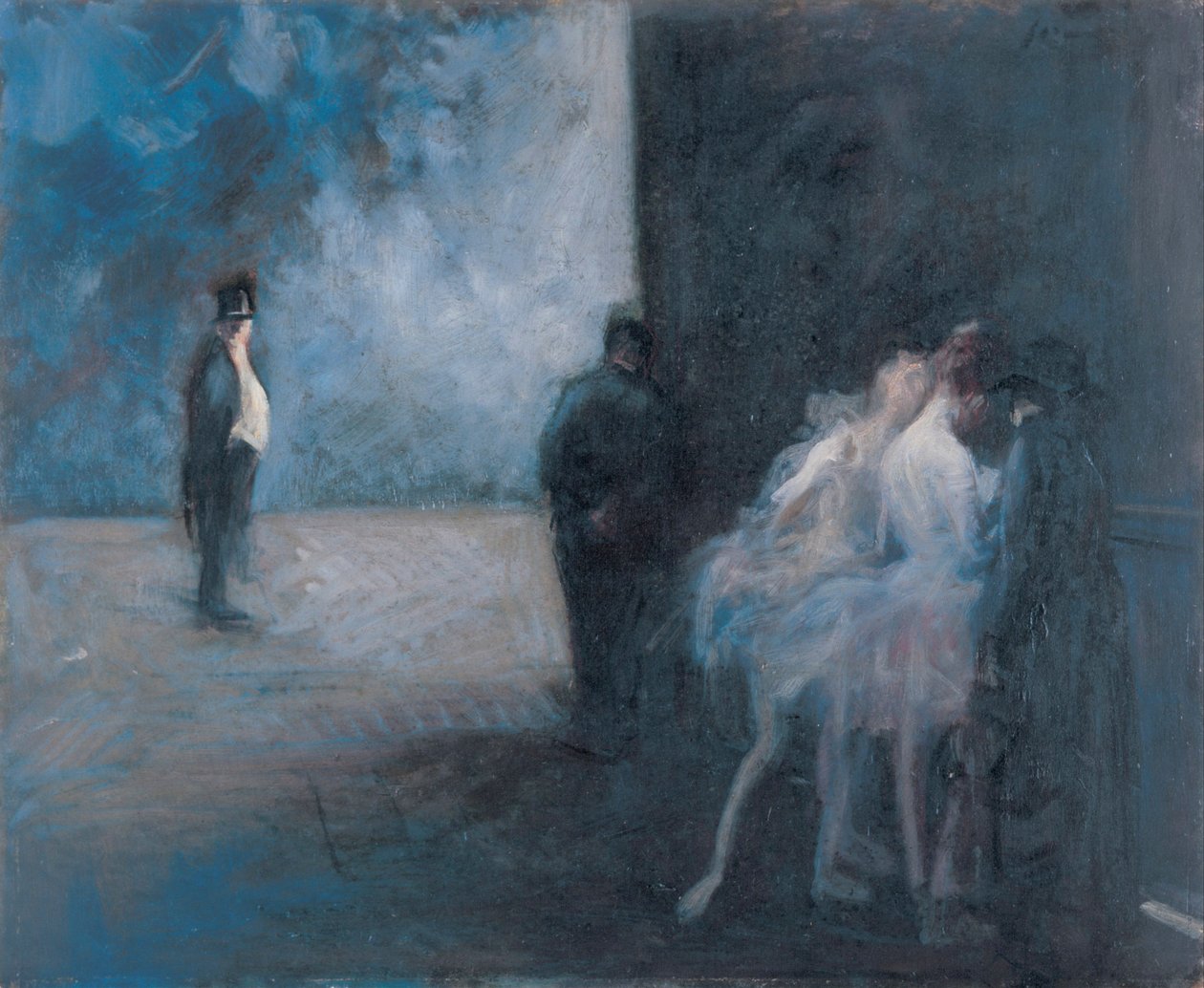 Backstage - Symphony in Blue par Forain, Jean Louis (1852-1931), Między 1900 a 1923 - Olej na drewnie, 45,3x54,7 - Muzeum Sztuki Ohara, Kurashiki autorstwa Jean Louis Forain