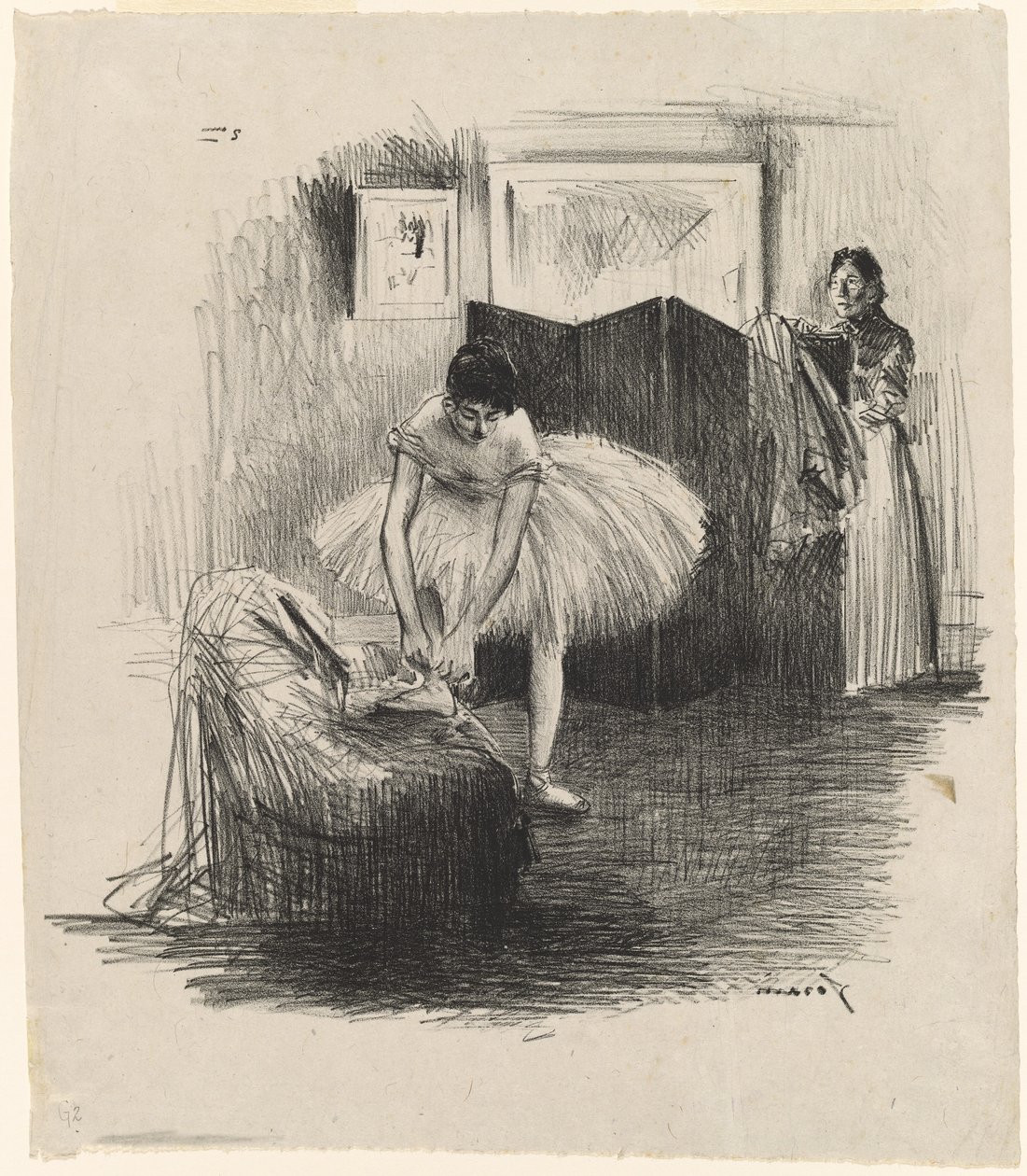 Tancerka wiążąca pantofel autorstwa Jean Louis Forain