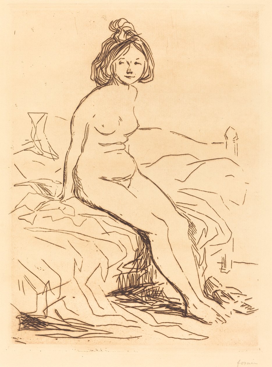 Naga kobieta, siedząca na łóżku, widok z przodu autorstwa Jean Louis Forain