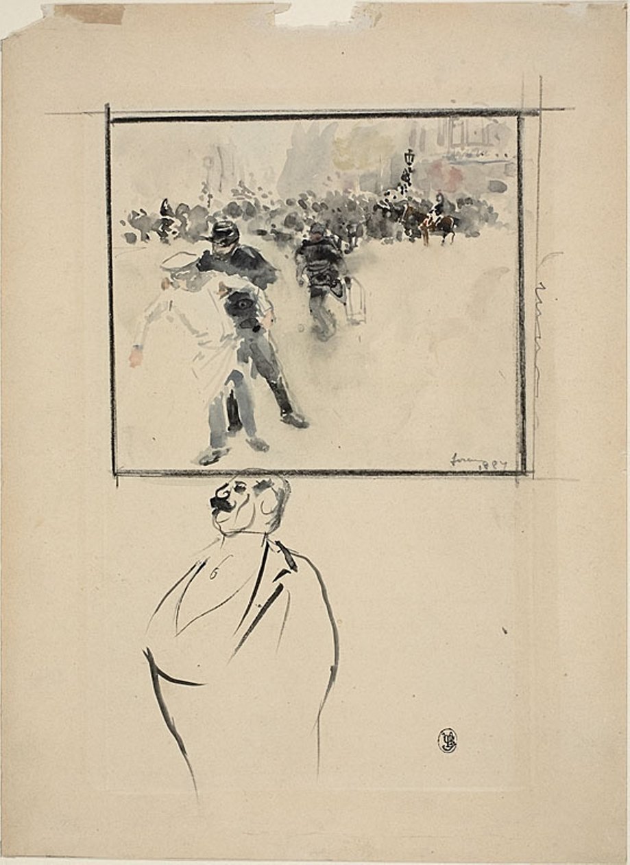 Szkice oprawionej sceny zamieszek i mężczyzny (recto); Kobieta w czepku (verso) autorstwa Jean Louis Forain