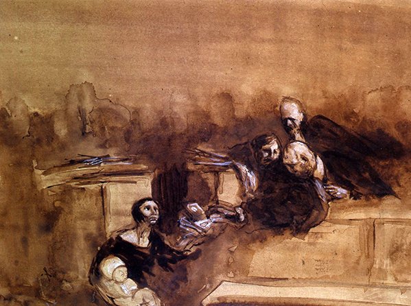 The Hopeless Lawsuit (pióro i pranie z białym podwyższeniem na papierze) autorstwa Jean Louis Forain