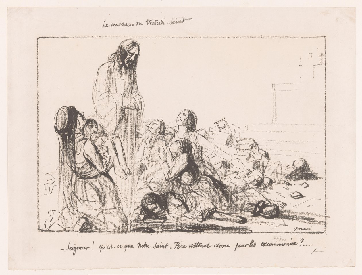Kobiety w zbombardowanym kościele potępiają Chrystusa Le massacre du Vendredi-Saint (tytuł na obiekcie) autorstwa Jean Louis Forain