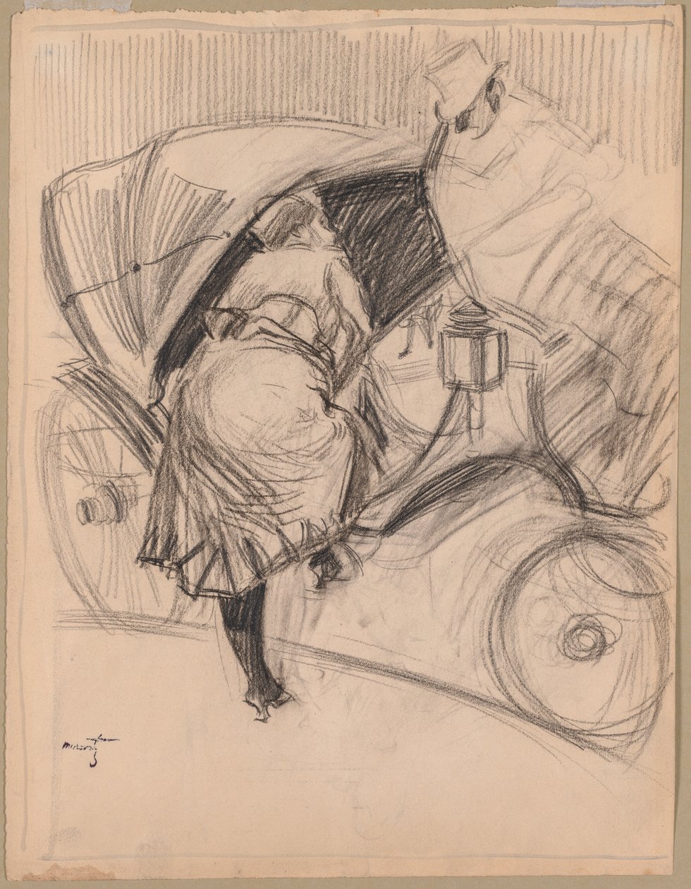 Kobieta wchodząca do Fiacre (węgiel z liniami obramowania wykonanymi czarnym tuszem) autorstwa Jean Louis Forain