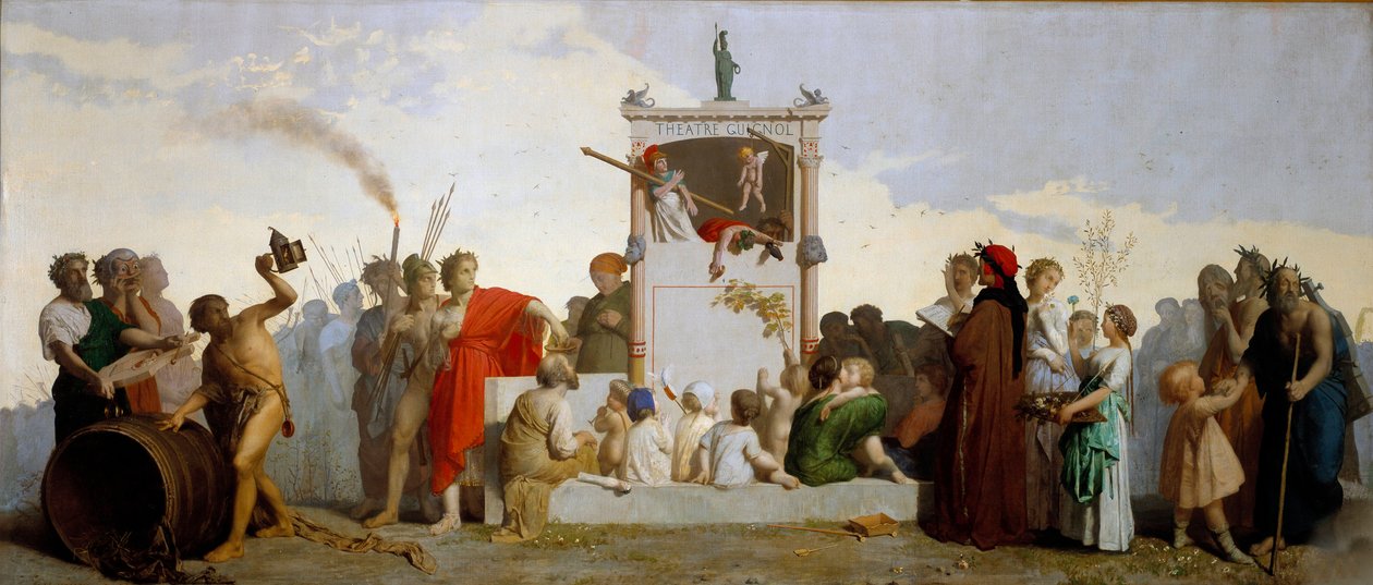 Wśród słuchaczy są Dante Alighieri, Diogenes Cynic, Sokrates i Homer. Obraz Jeana Louisa Hamona (1821-1874) autorstwa Jean Louis Hamon