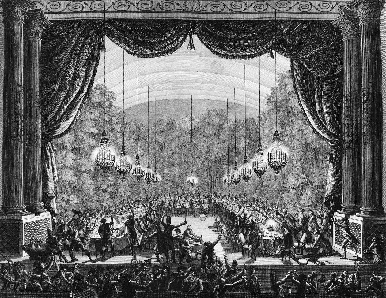 Rewolucja Francuska: Bankiet ochroniarzy 1 października 1789 w sali operowej zamku w Wersalu z okazji przybycia ich towarzyszy z pułku Flandrii. Grawerowanie Berthauta według przeora. Paryż, Biblioteka Instytutu His autorstwa Jean Louis II (after) Prieur